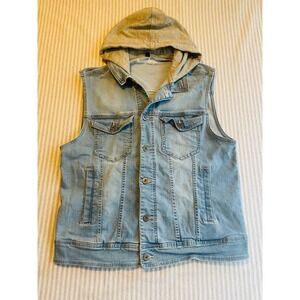 Jeaniologie Mens Denim Vest Light Wash Hood Trucker Jacket Blue Large Distressed